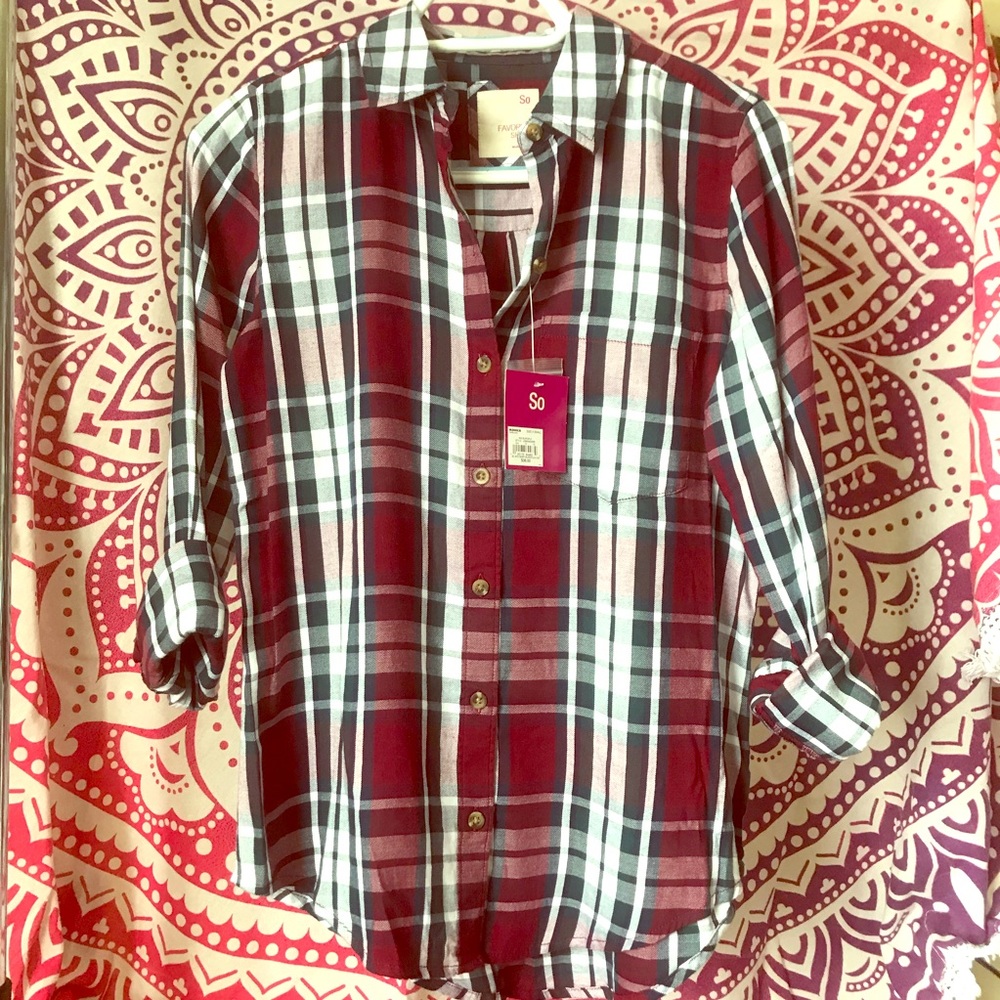 SO Burgundy Plaid Roll-Tab Favorite Shirt